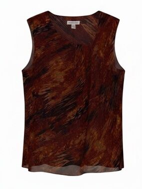 COLDWATER CREEK Sleeveless Blouse Flame Inspired Abstract Print Red Brown SZ LG